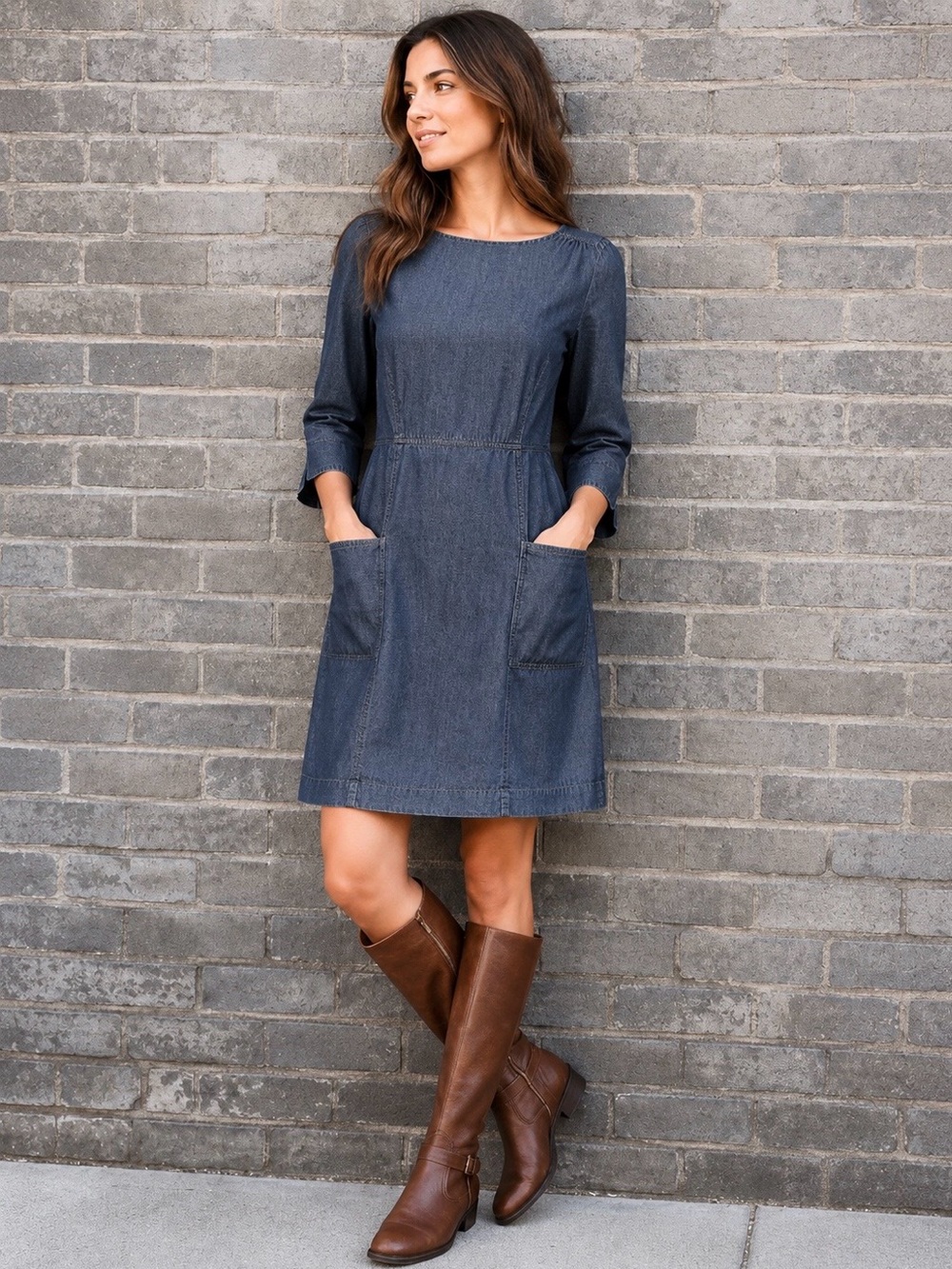 Joules Q Aberly Chambray Denim Dress US 6 Red Zip Back Pockets 100% Cotton